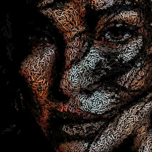 CHriZ fine art - Faces 018 (FACES of the Soul Collection, 2025) - Mixed media - hand-applied letters on aluminium panels, 150 × 150 × 5 cm