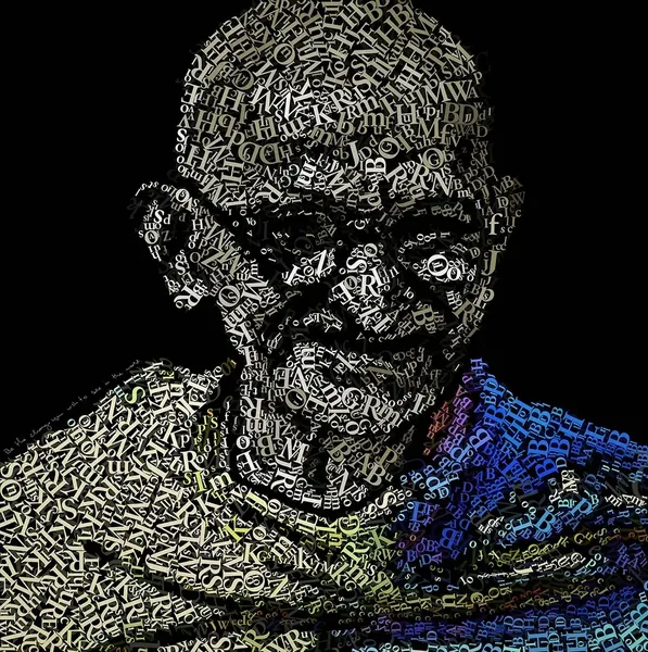CHriZ fine art - Ghandi (The Words Within Collection, 2026) - Mixed media - hand-applied letters on aluminium panels, 150 × 150 × 5 cm